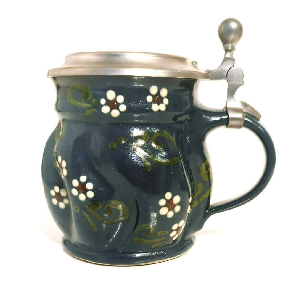 Vintage German Beer Stein Blue Edelweiss Floral Stoneware Rein Zinn Pewter Lid